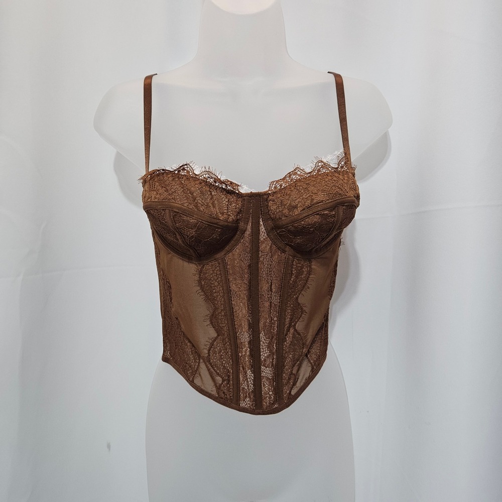 Brown Lace Corset Top Sheer Mesh Underwire Bustier Hook Eye Back costume Sz L